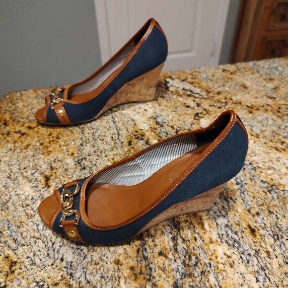 Tommy Hilfiger Tawnisha Peep Toe Canvas Cork Wedge Heels Blue Women's Sz 5.5 - Picture 5 of 10